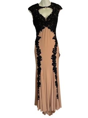 Betsy & Adam Stunning Black Appliqué Evening Gown in Nude Size 2 new prom